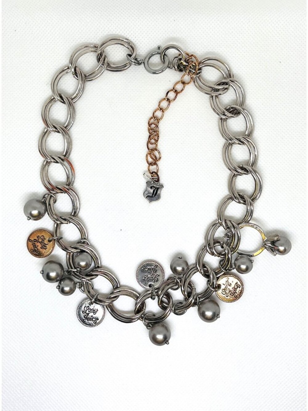 Y2K Vintage Juicy Couture Large Link Silver Tone Charm Necklace 14" Lady Juicy